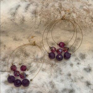 Triple Nested Loop Dangle Earrings Gypsy Gold Wire Hoop Purple Faceted Beads